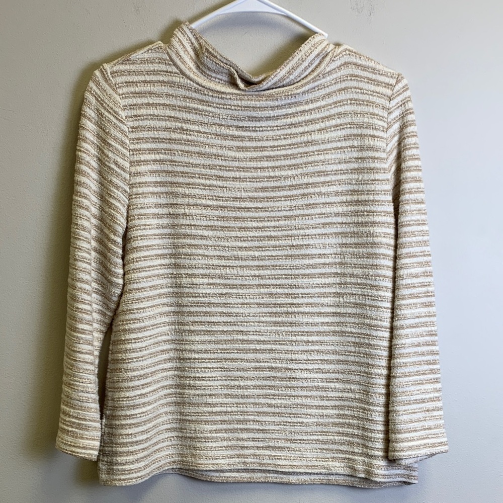 Ann Taylor Beige and Cream Striped Cowl Neck Sweater